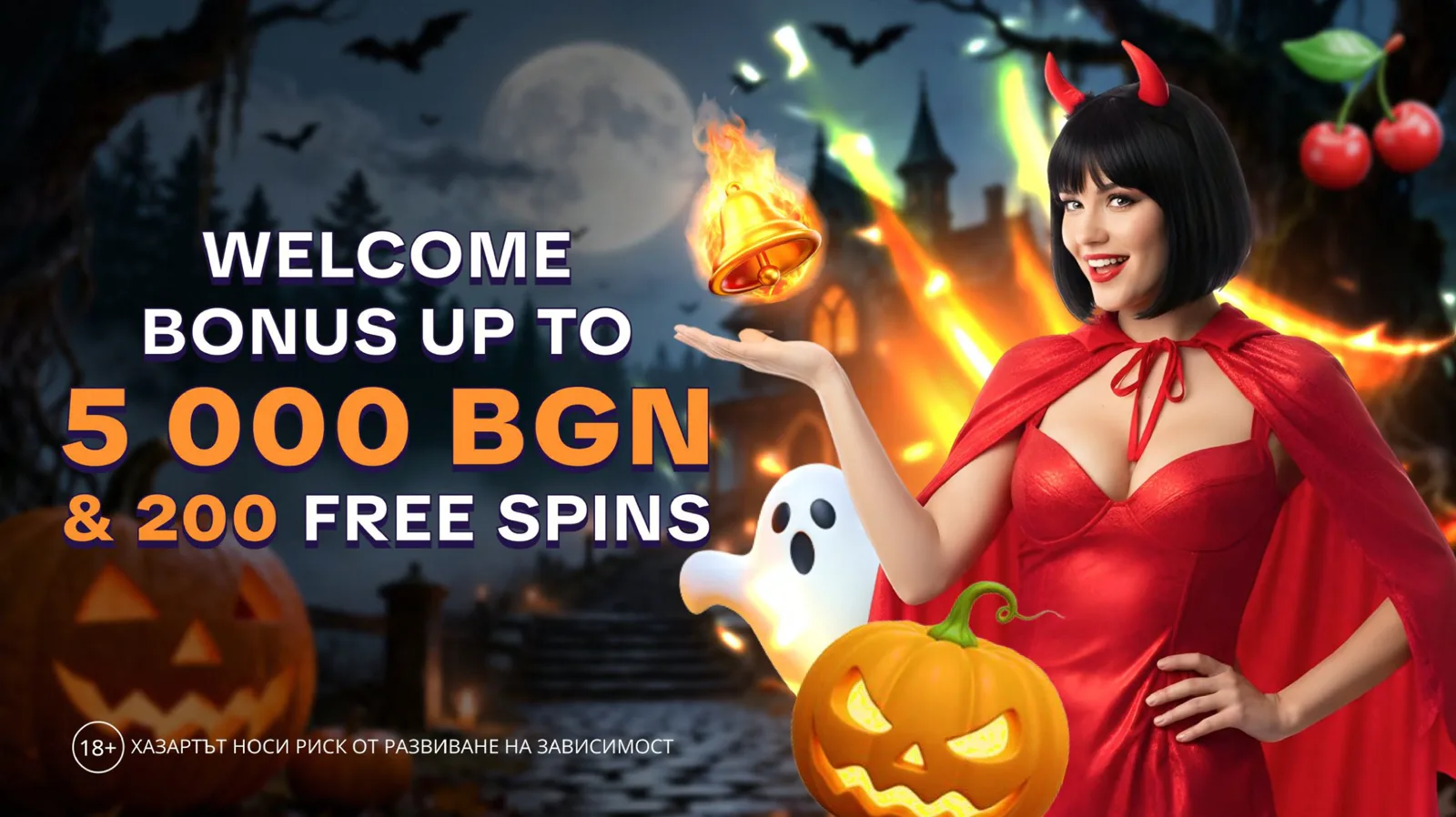 Halloween welcome bonus banner with a woman in a devil costume