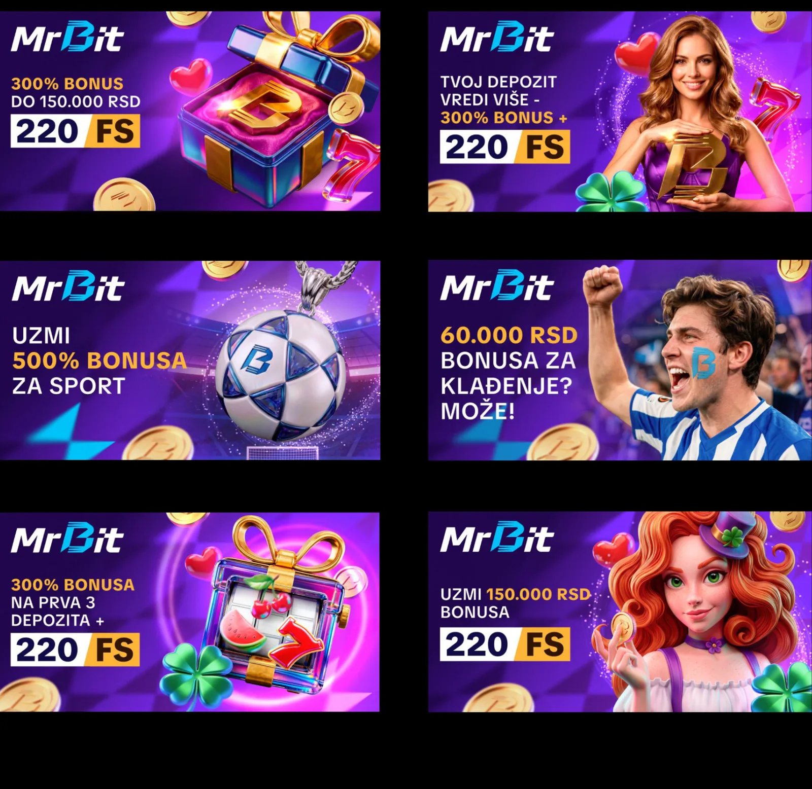Updated MrBit banners: bright purple visuals with gifts, a football and characters