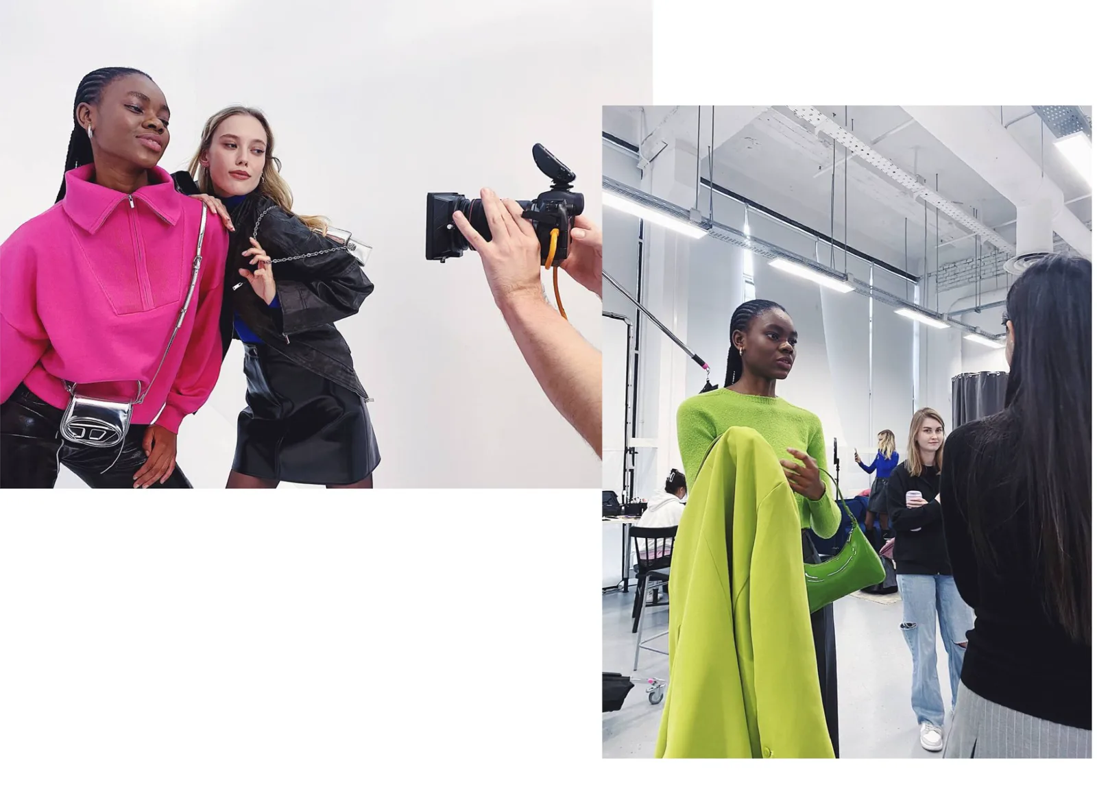 Models in pink and green being photographed in a studio