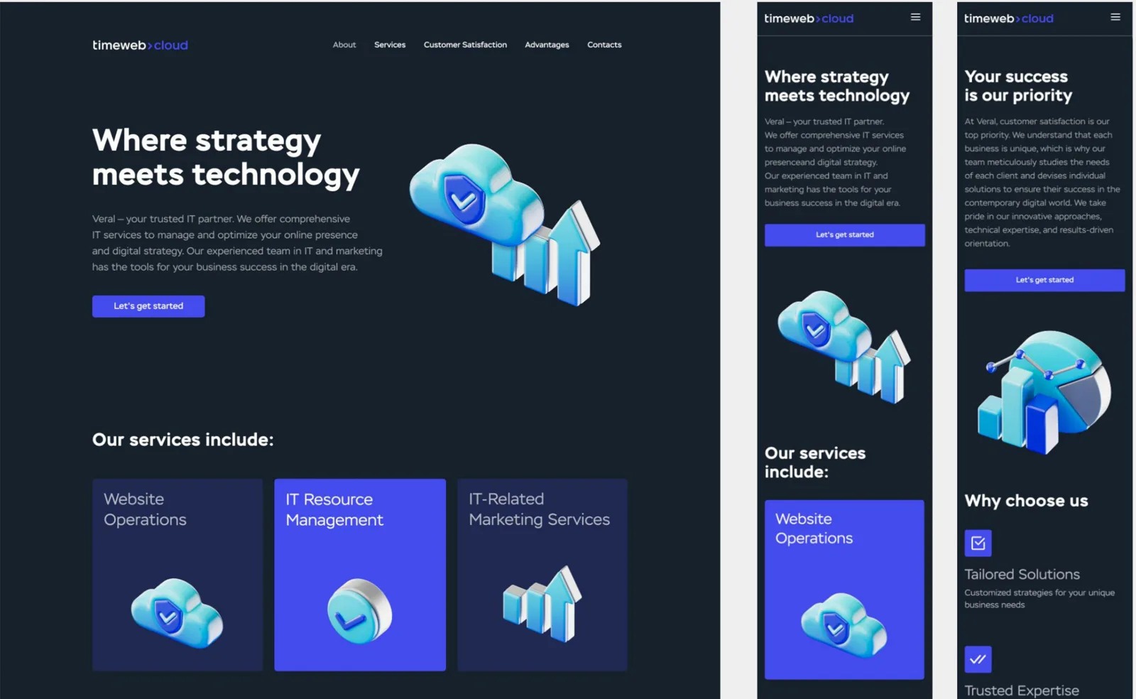 Dark Timeweb Cloud web pages with blue isometric clouds